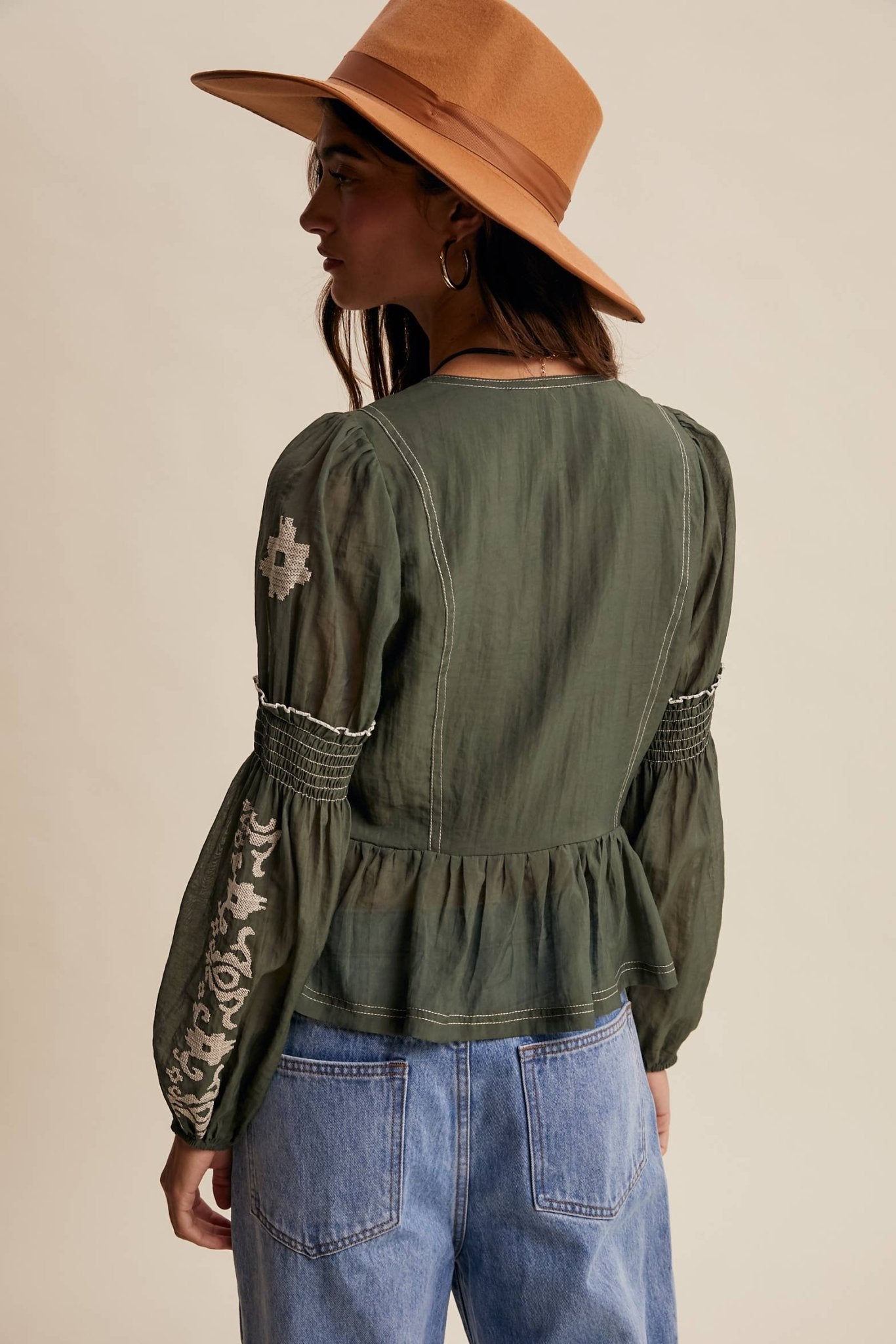 Deep Green Embroidered Peplum Blouse - Purpose + Passion Boutique