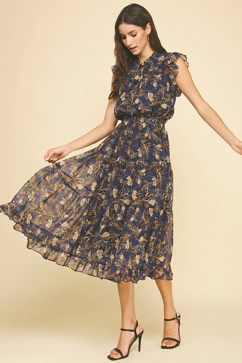 Deep Wine Floral Print Tiered Chiffon Dress - Purpose + Passion Boutique