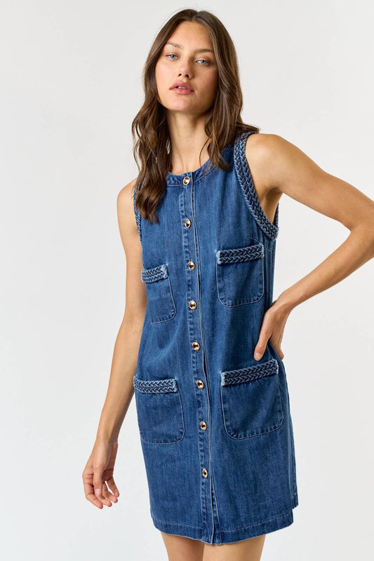 Denim Braided Denim Sleeveless Dress - Purpose + Passion Boutique