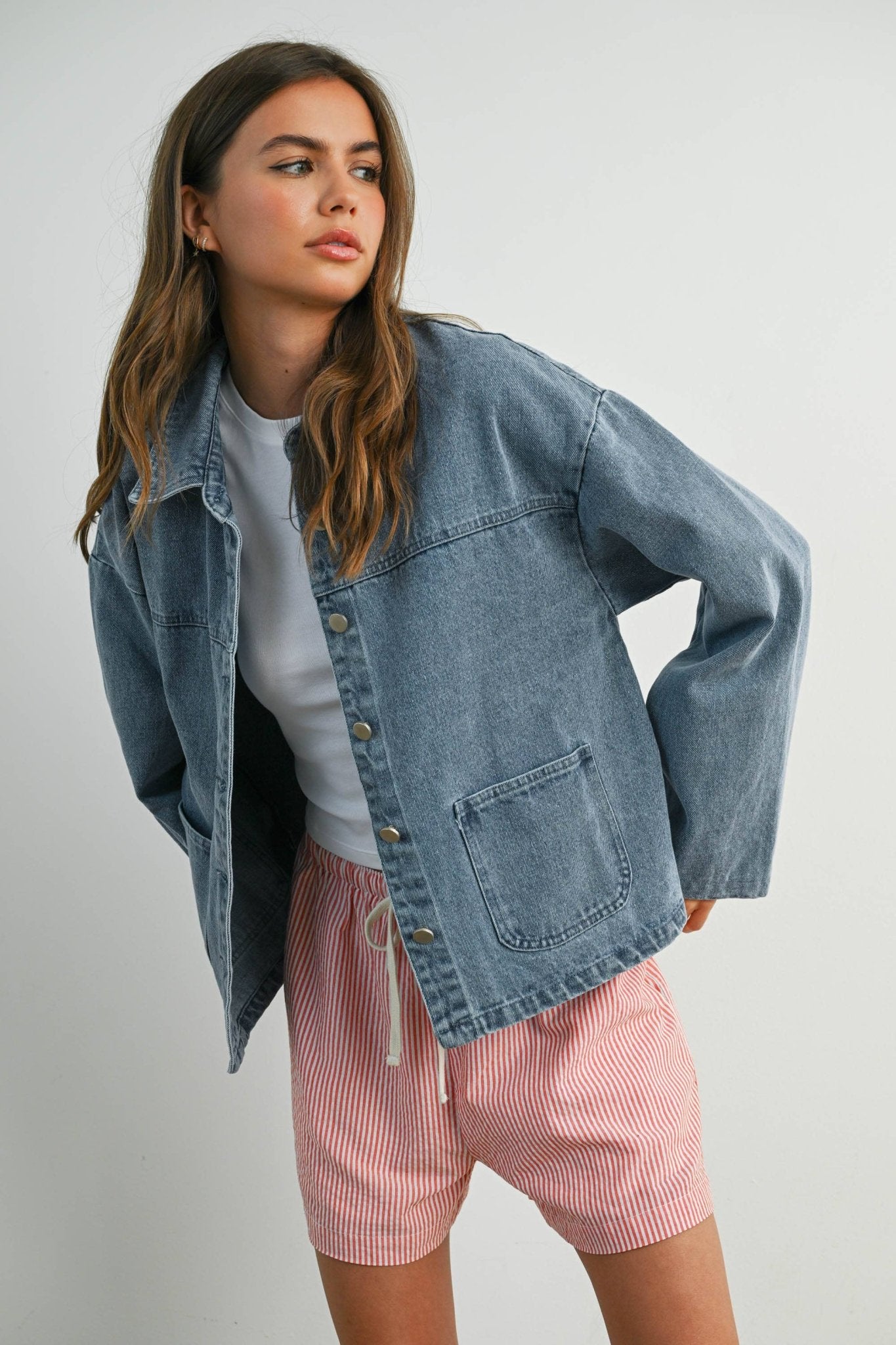 Denim Button - Down Jacket with Shirt Collar and Pockets - Purpose + Passion Boutique