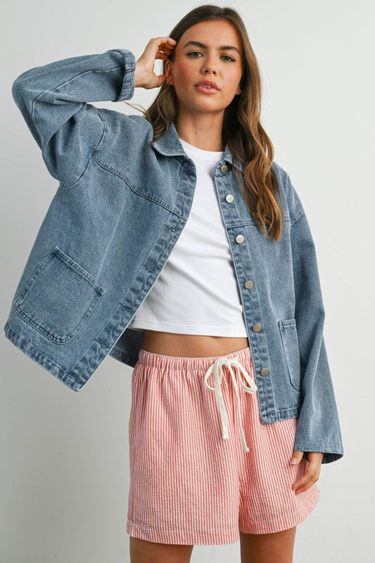 Denim Button - Down Jacket with Shirt Collar and Pockets - Purpose + Passion Boutique