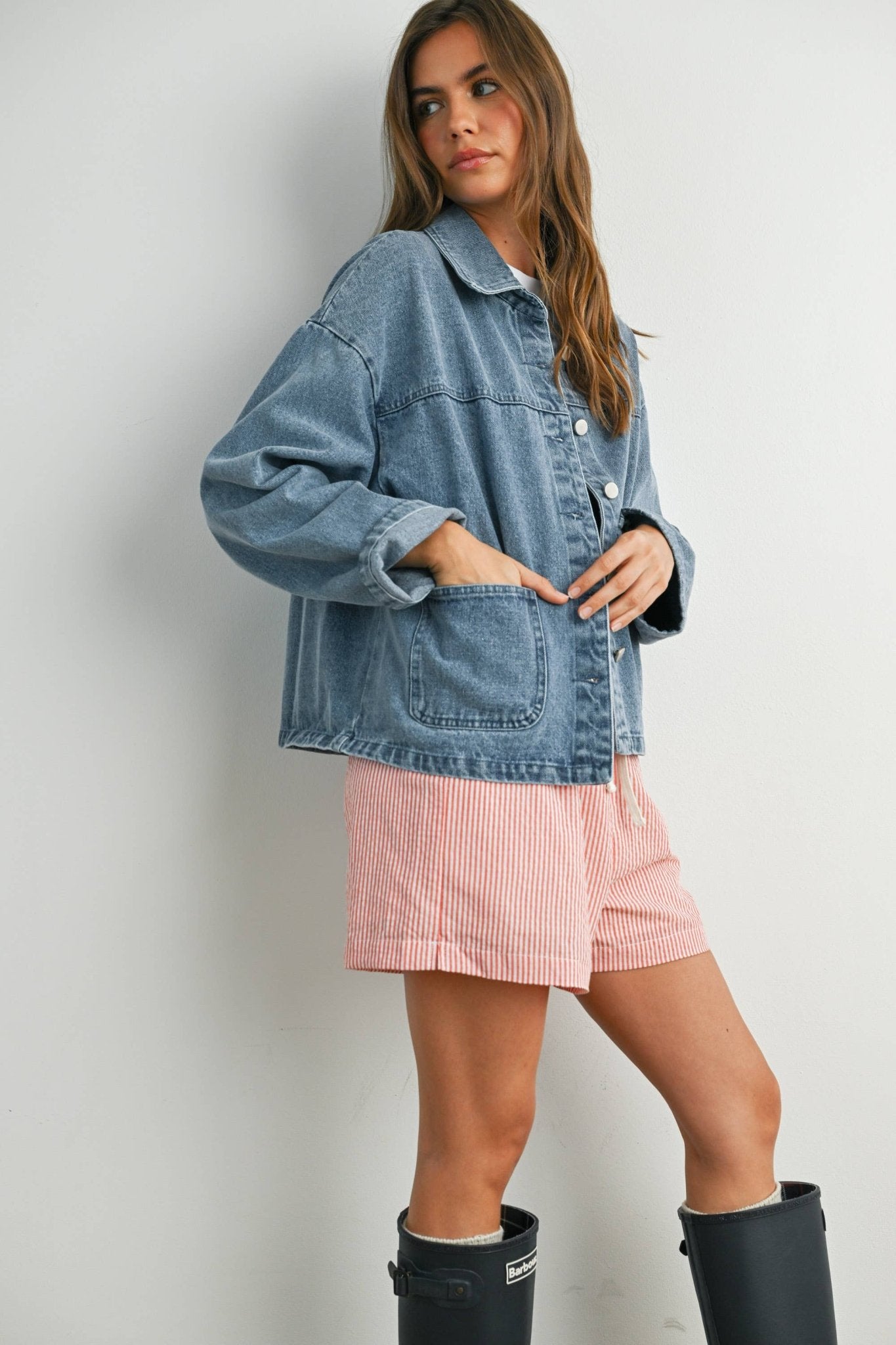 Denim Button - Down Jacket with Shirt Collar and Pockets - Purpose + Passion Boutique