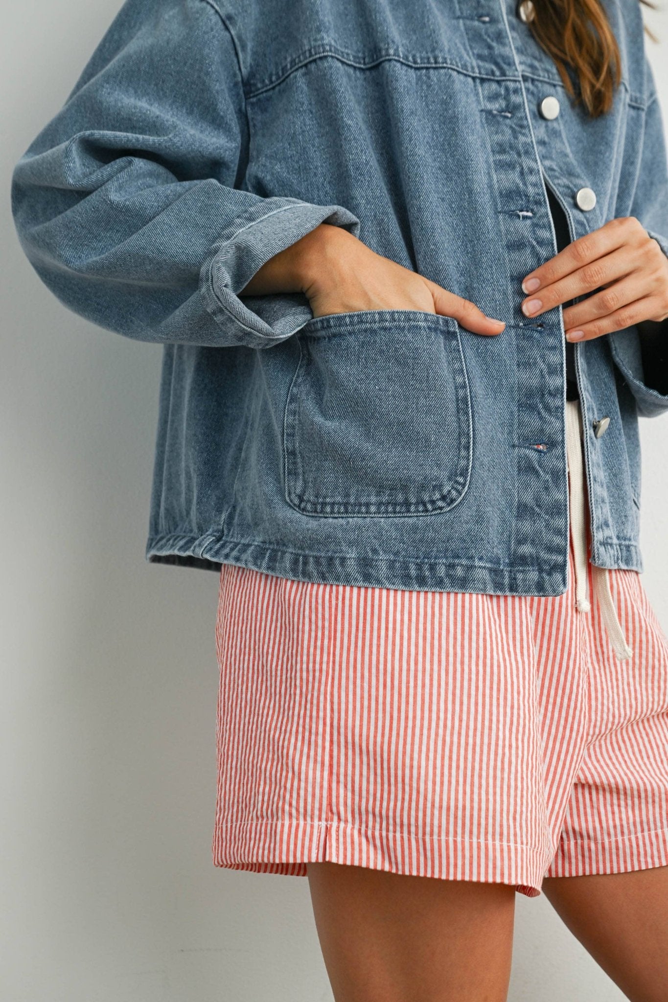 Denim Button - Down Jacket with Shirt Collar and Pockets - Purpose + Passion Boutique