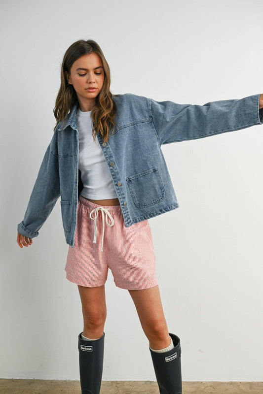 Denim Button - Down Jacket with Shirt Collar and Pockets - Purpose + Passion Boutique