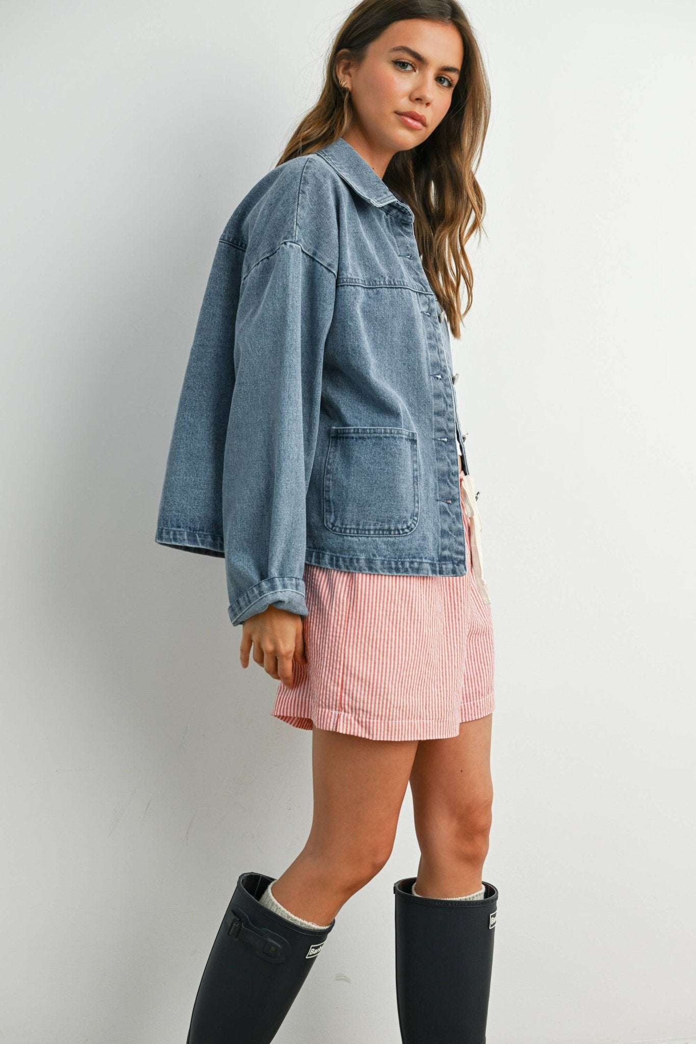 Denim Button - Down Jacket with Shirt Collar and Pockets - Purpose + Passion Boutique