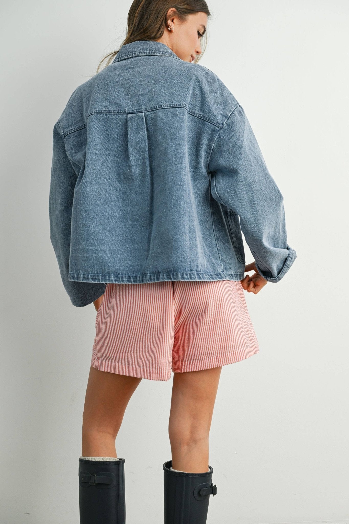 Denim Button - Down Jacket with Shirt Collar and Pockets - Purpose + Passion Boutique