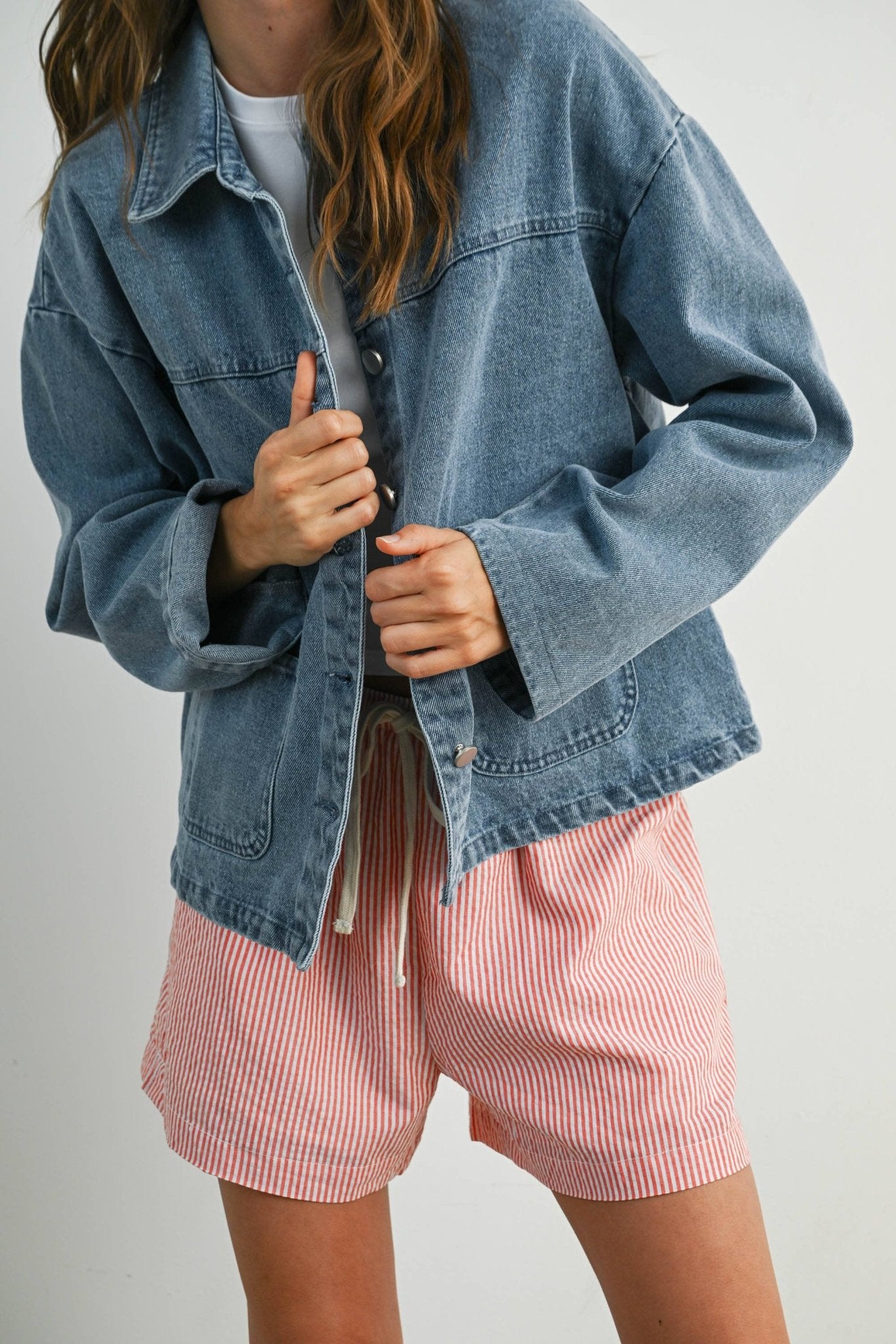 Denim Button - Down Jacket with Shirt Collar and Pockets - Purpose + Passion Boutique