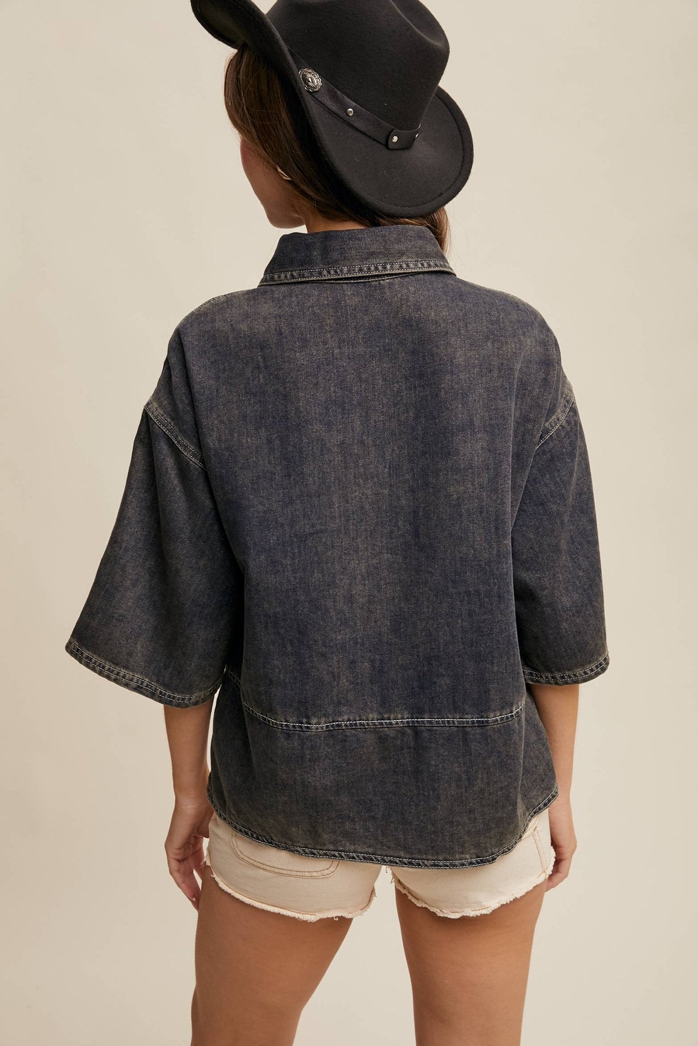 Denim Collared Oversized Crop Top - Purpose + Passion Boutique