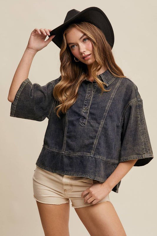 Denim Collared Oversized Crop Top - Purpose + Passion Boutique