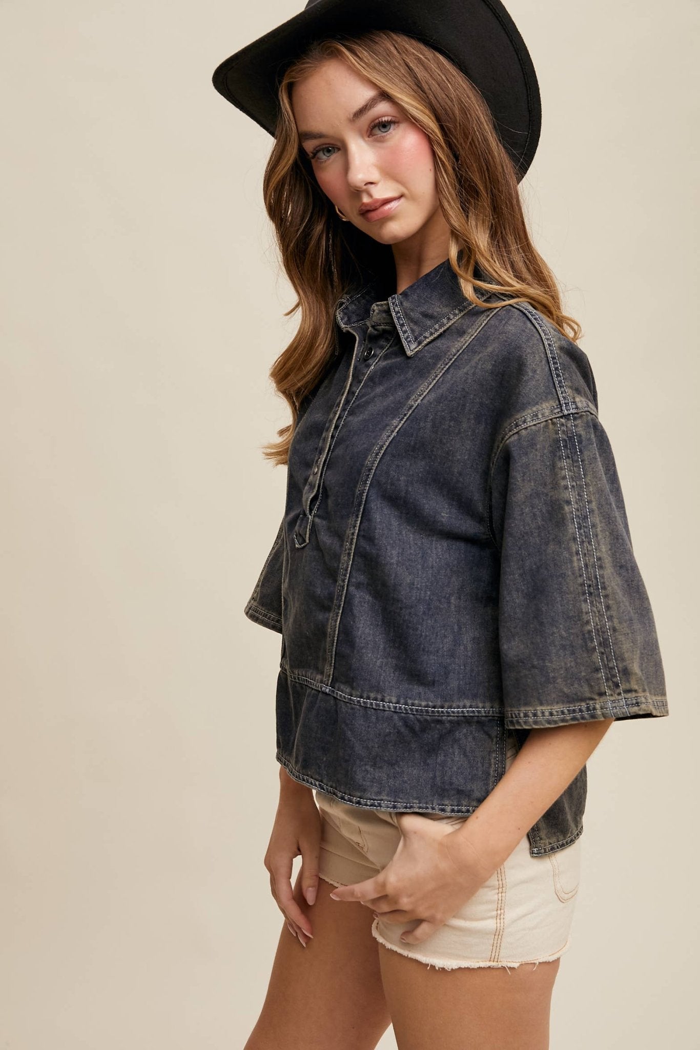 Denim Collared Oversized Crop Top - Purpose + Passion Boutique