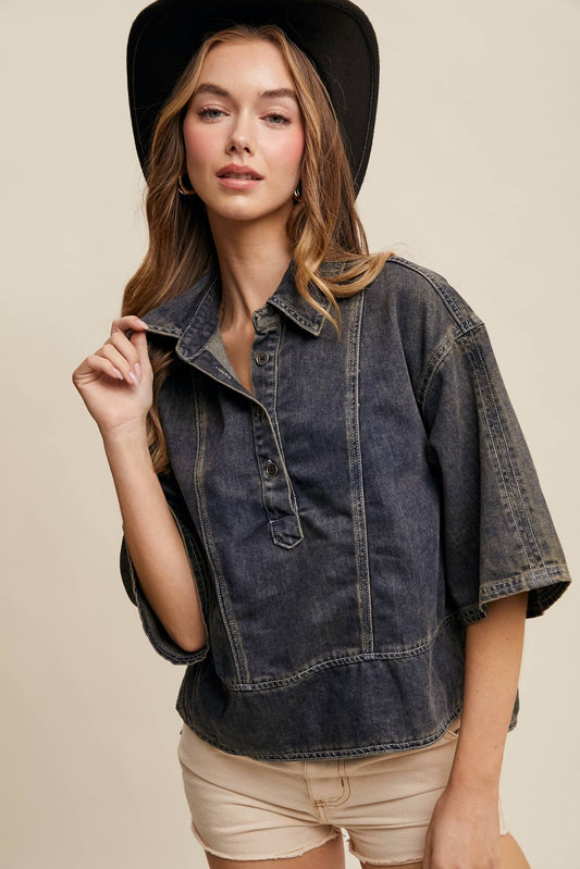 Denim Collared Oversized Crop Top - Purpose + Passion Boutique