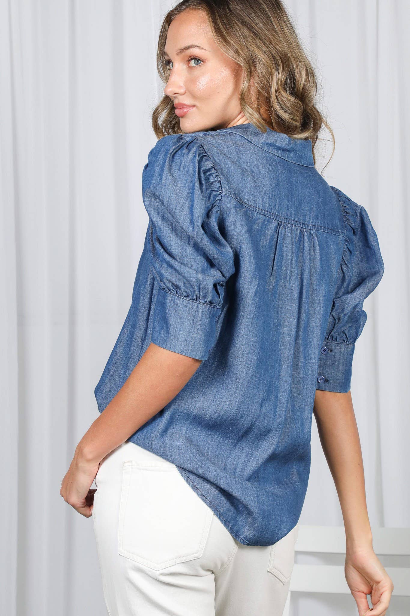 Denim Collared Puff Sleeve - Purpose + Passion Boutique