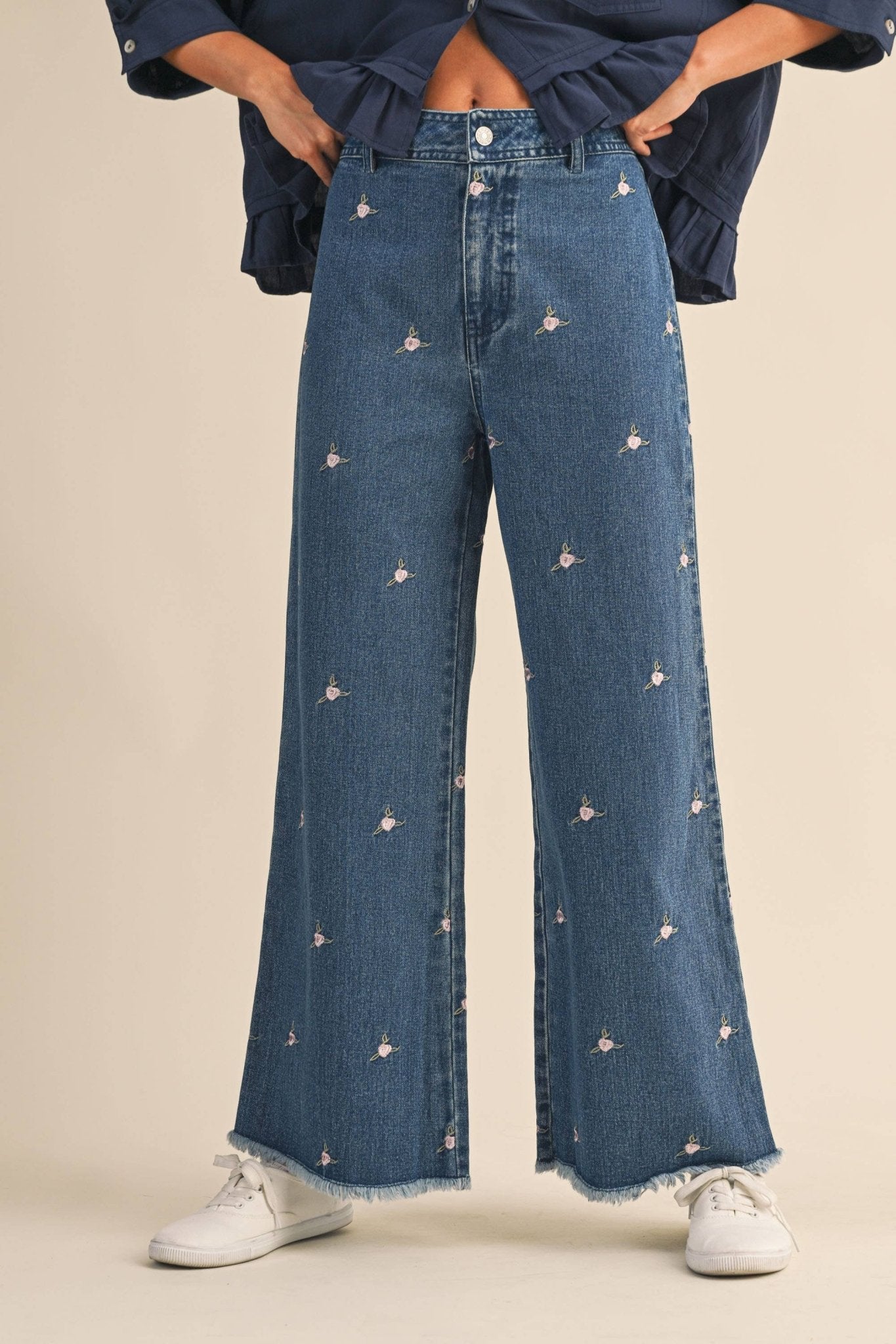 Denim Embroidered Floral Raw Hem Pants – Purpose + Passion Boutique