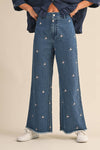 Denim Embroidered Floral Raw Hem Pants - Purpose + Passion Boutique