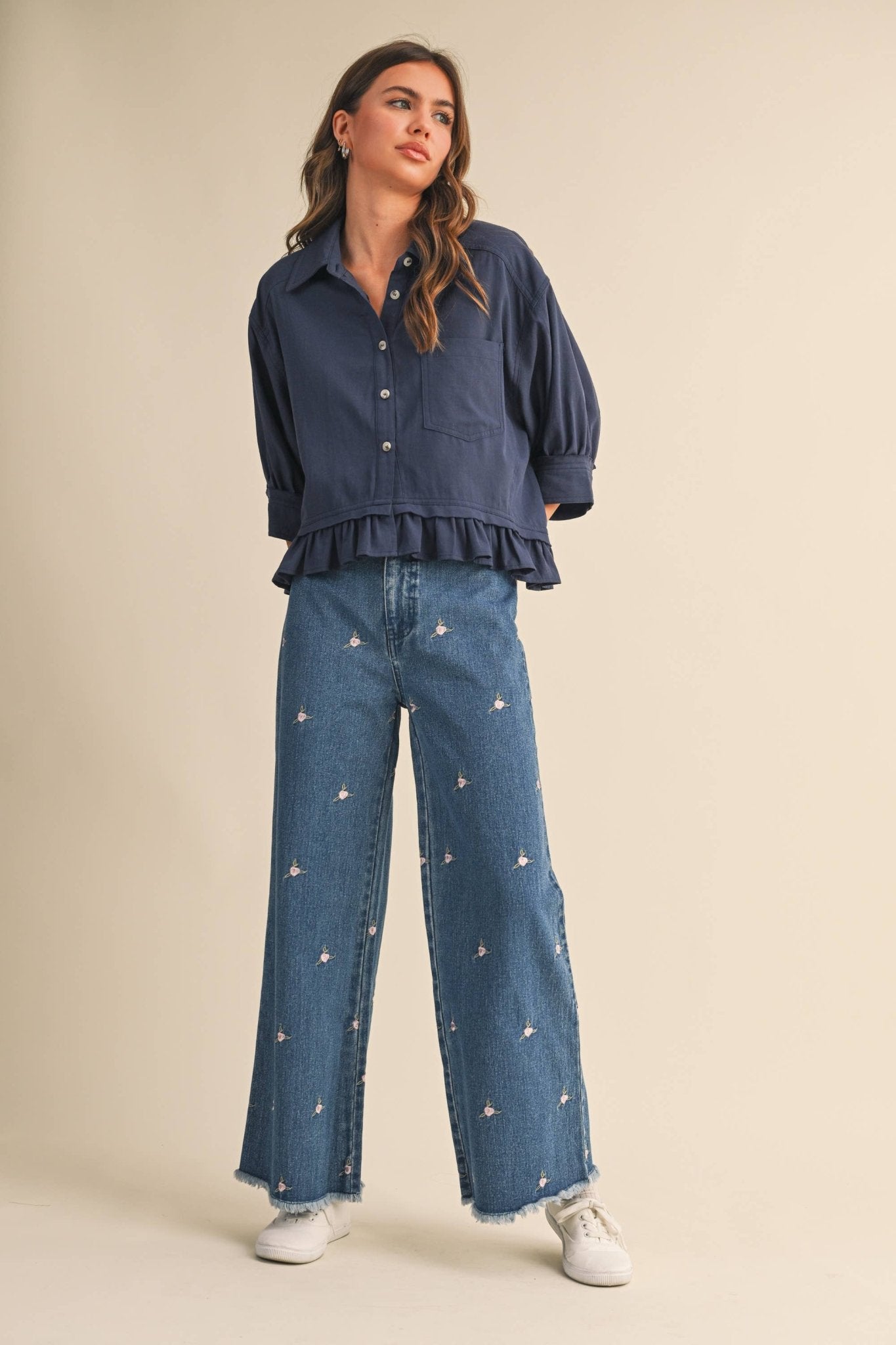 Denim Embroidered Floral Raw Hem Pants - Purpose + Passion Boutique