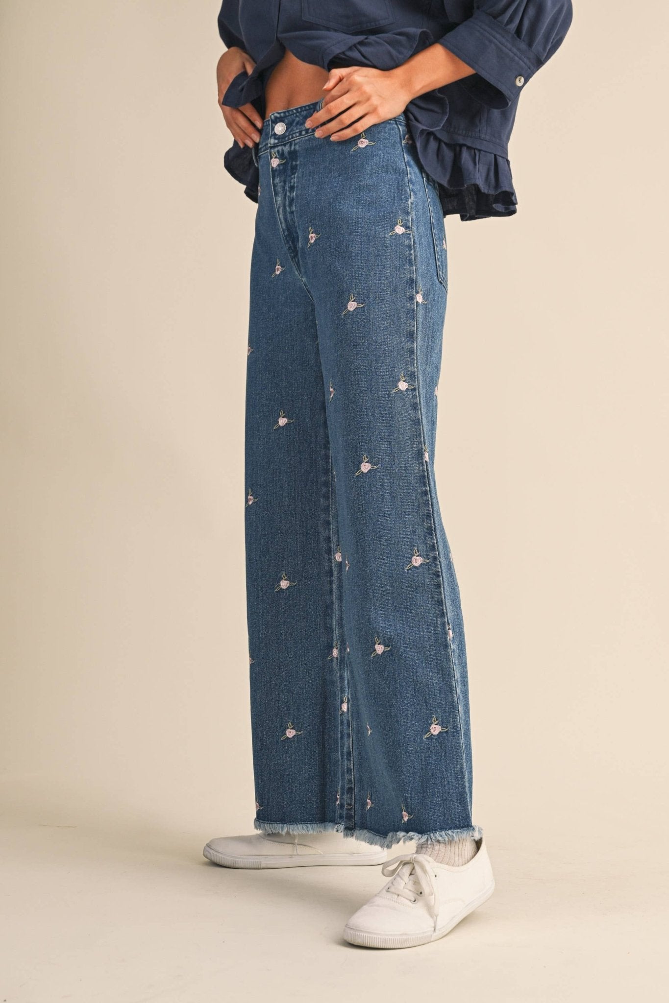 Denim Embroidered Floral Raw Hem Pants - Purpose + Passion Boutique