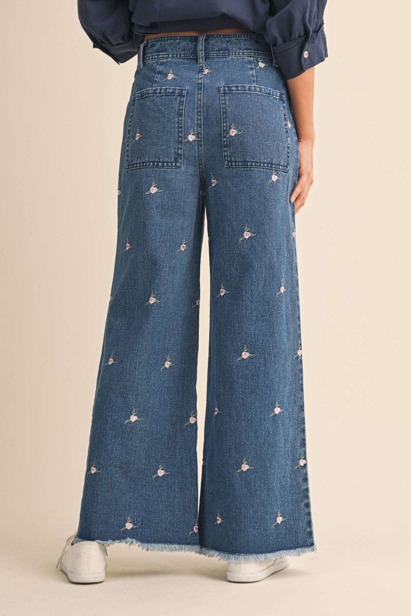 Denim Embroidered Floral Raw Hem Pants - Purpose + Passion Boutique