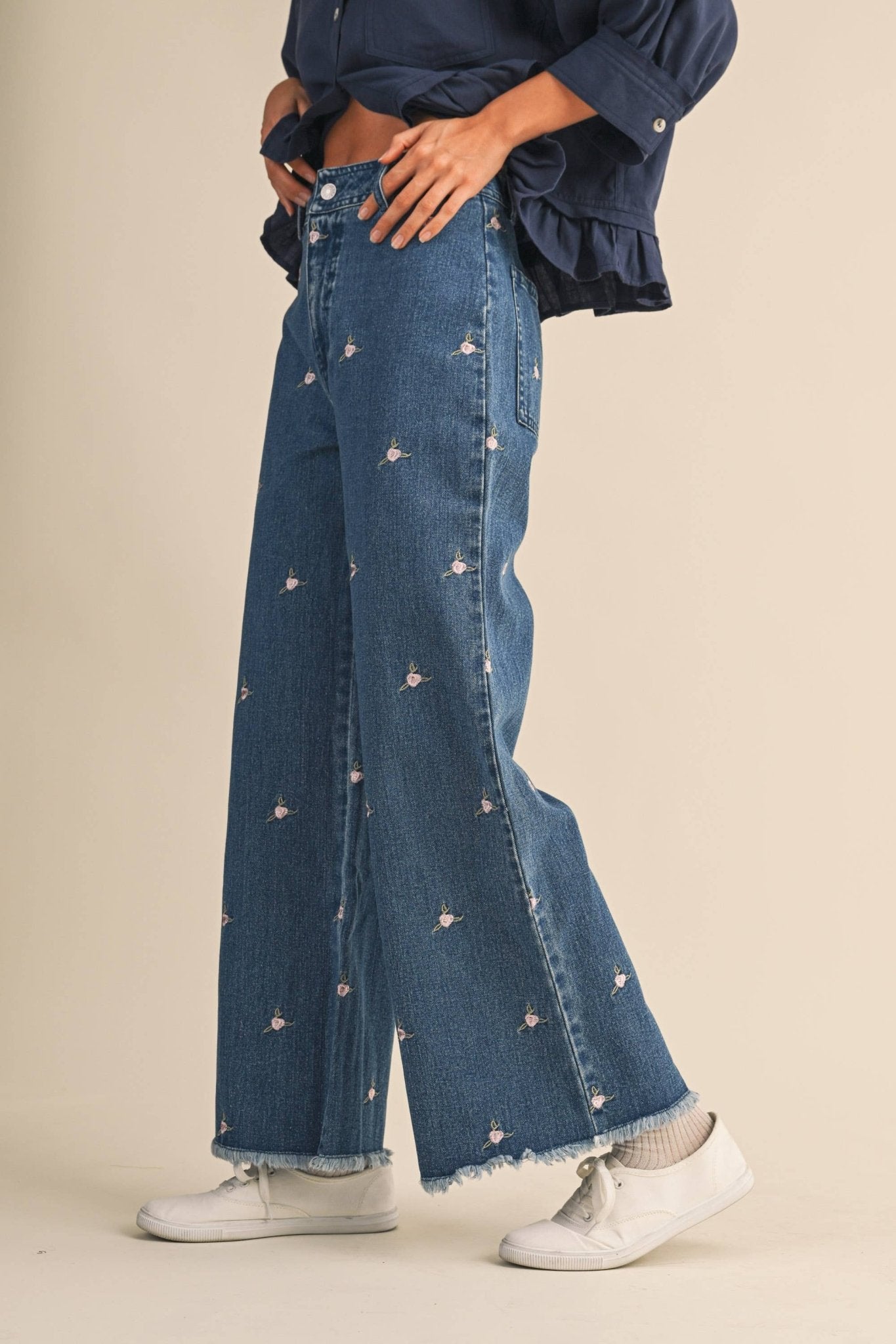 Denim Embroidered Floral Raw Hem Pants - Purpose + Passion Boutique