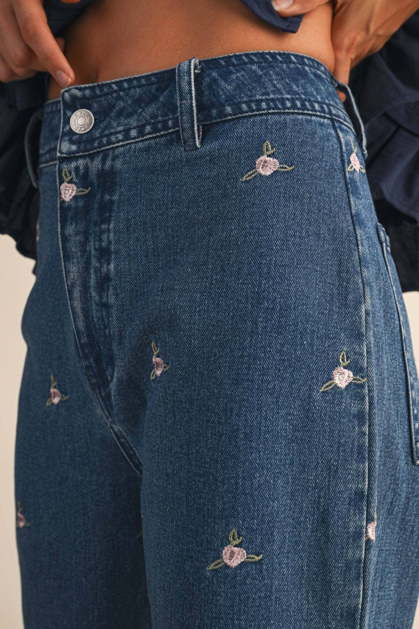 Denim Embroidered Floral Raw Hem Pants - Purpose + Passion Boutique