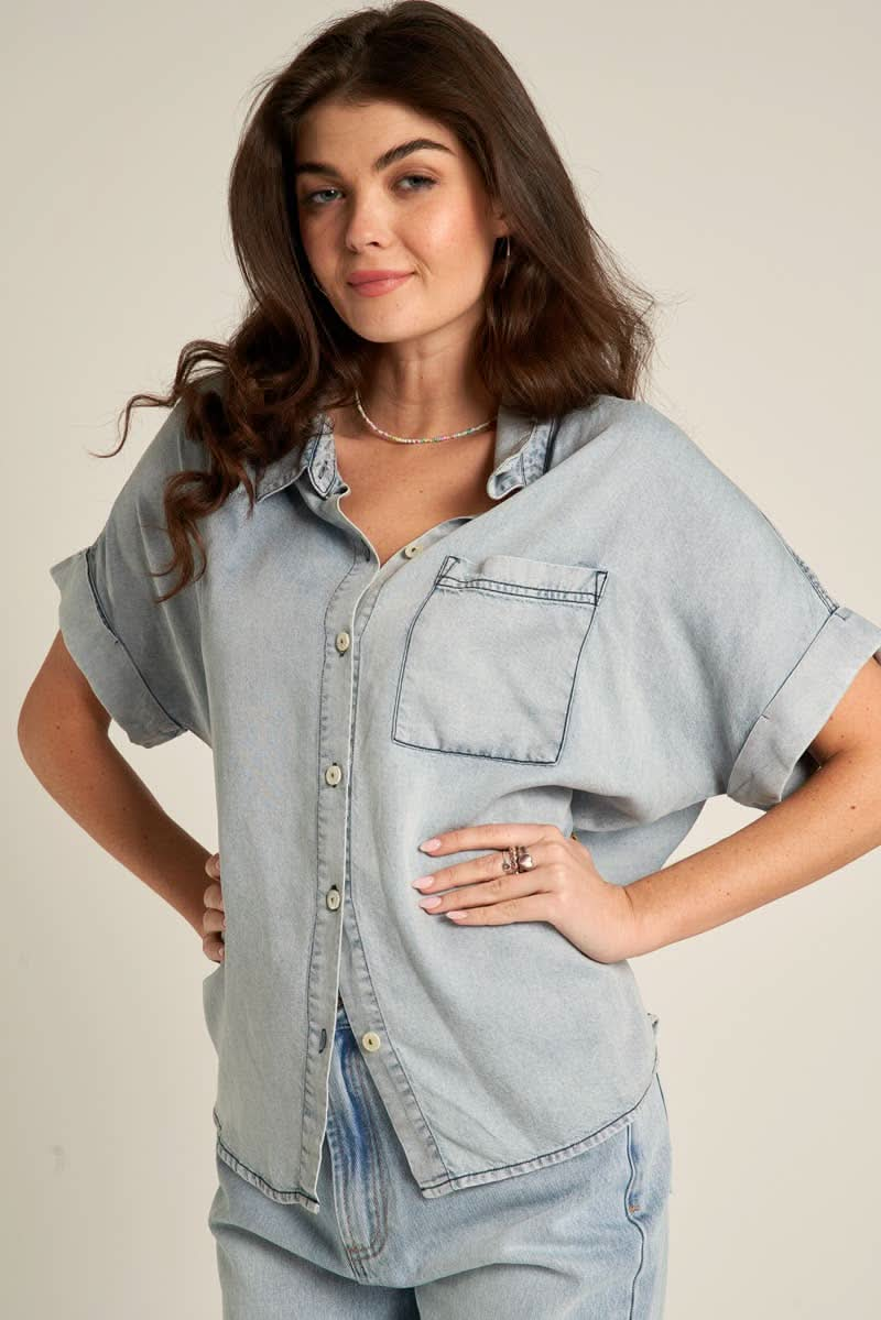 Denim Short Sleeve Denim Button Down Shirt - Purpose + Passion Boutique