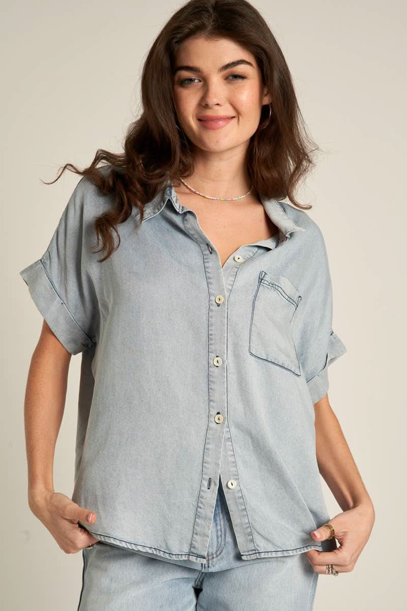 Denim Short Sleeve Denim Button Down Shirt - Purpose + Passion Boutique