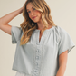 Gathered Collar V-Notch Denim Blouse