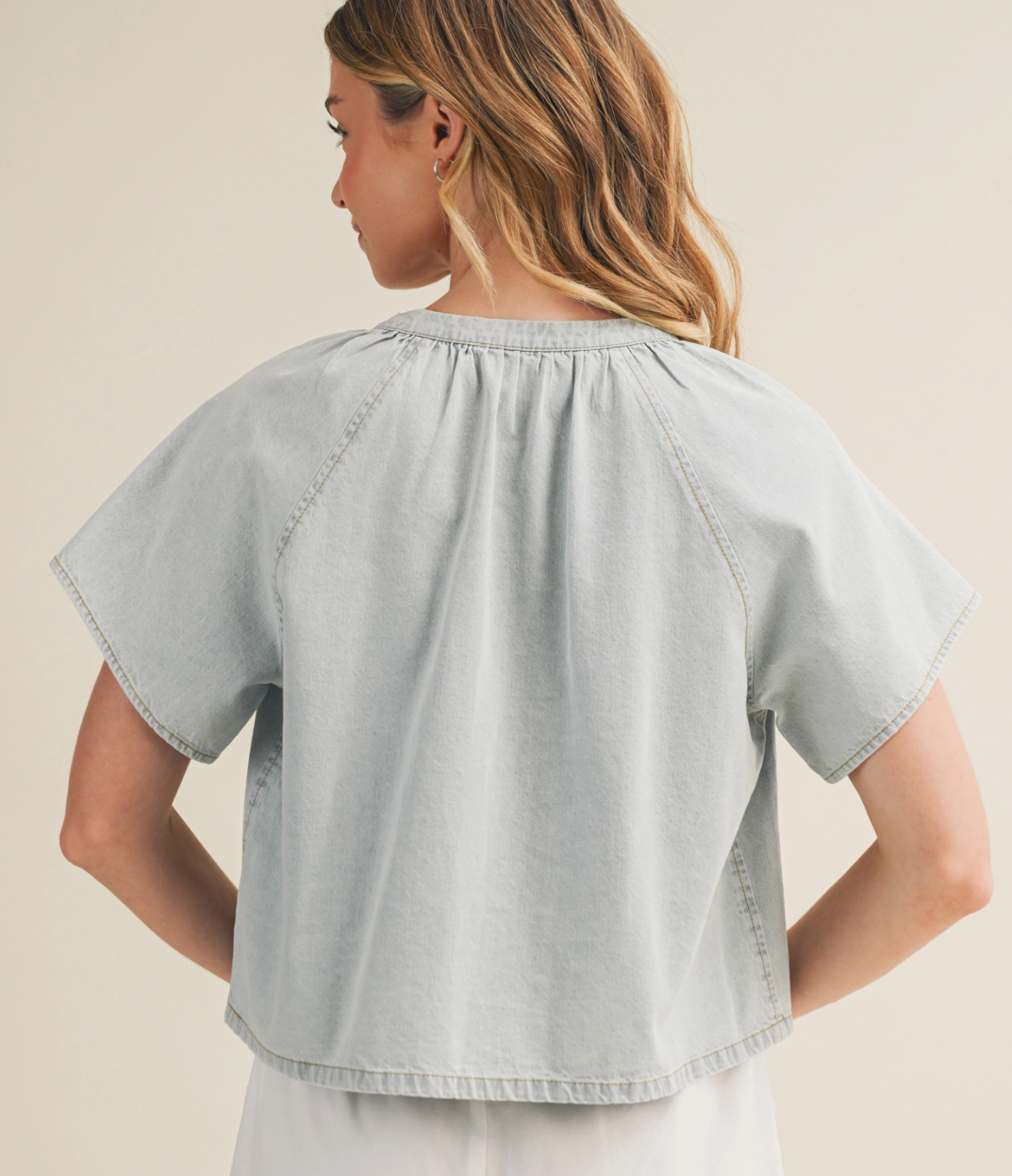 Gathered Collar V-Notch Denim Blouse