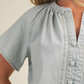 Gathered Collar V-Notch Denim Blouse