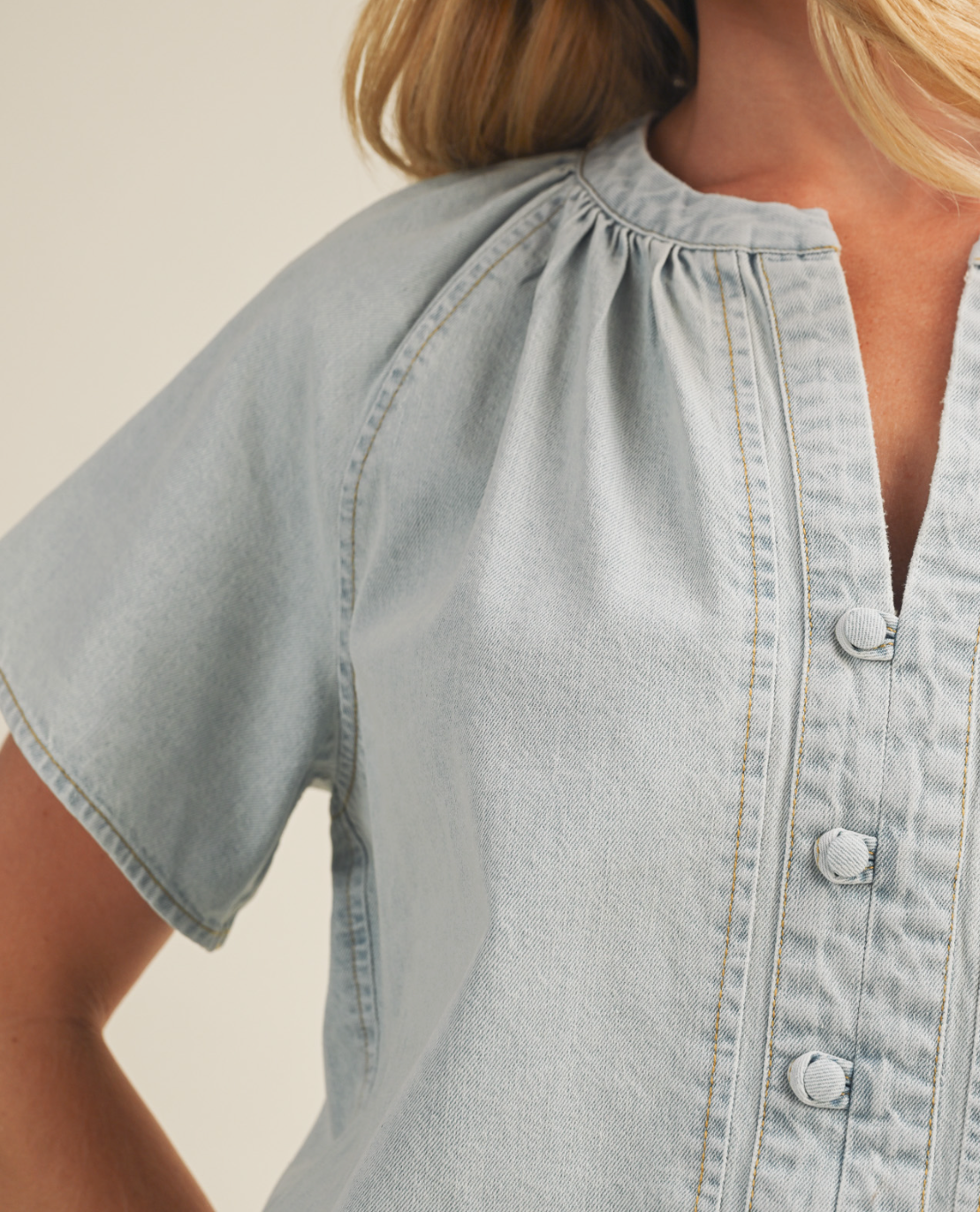 Gathered Collar V-Notch Denim Blouse