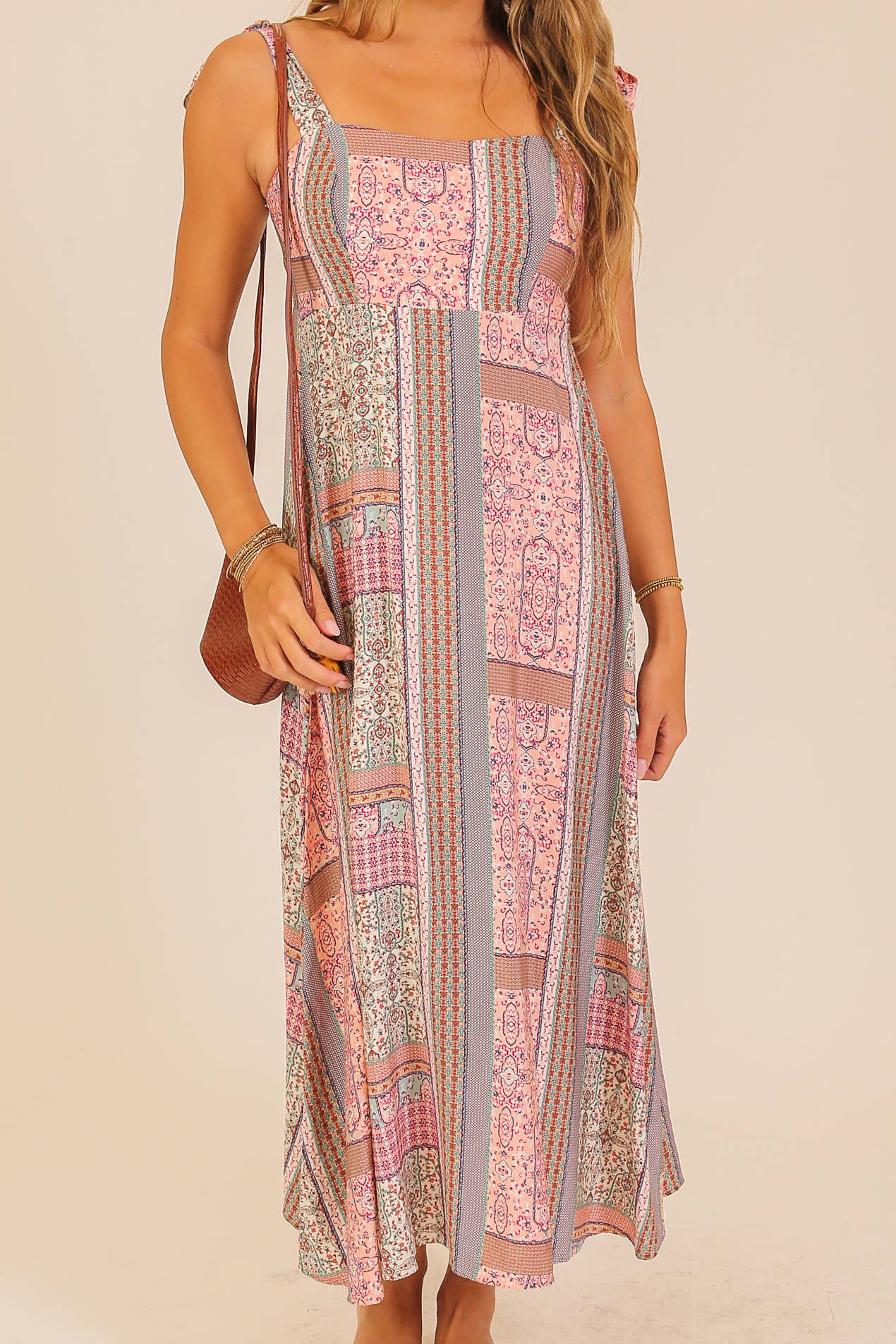 Patchwork Print Tie-Shoulder Maxi Dress