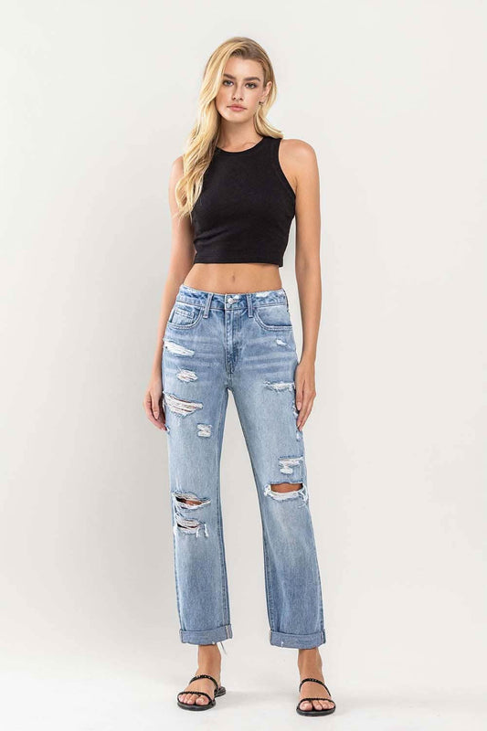 Distressed Blue High Rise Cuffed Boyfriend Jeans - Purpose + Passion Boutique