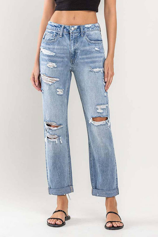 Distressed Blue High Rise Cuffed Boyfriend Jeans - Purpose + Passion Boutique