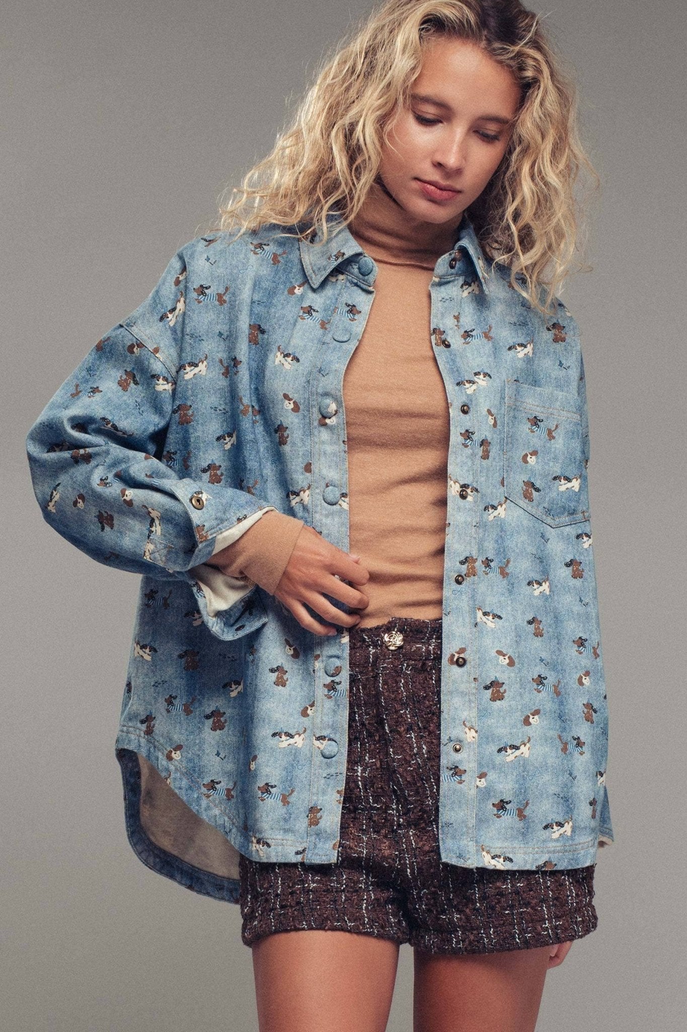 Dog Print Oversized Denim Shirt - Purpose + Passion Boutique