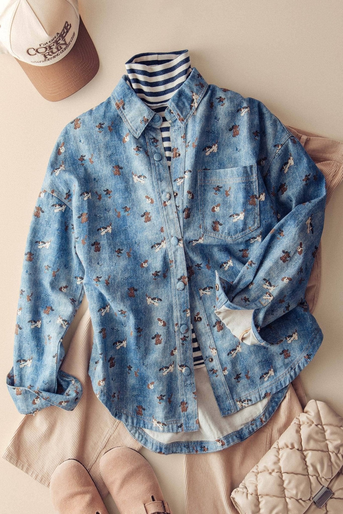Dog Print Oversized Denim Shirt - Purpose + Passion Boutique