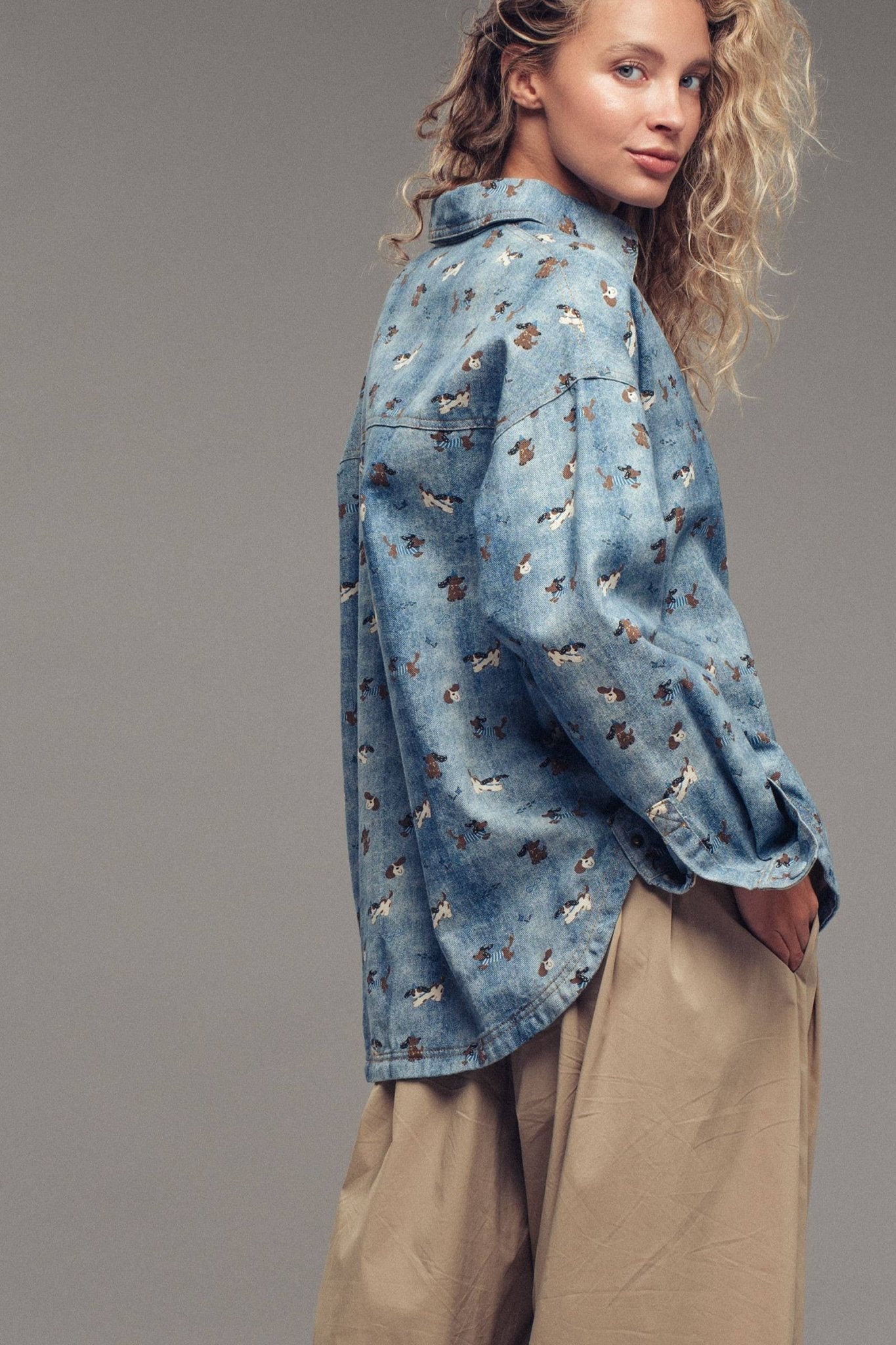 Dog Print Oversized Denim Shirt - Purpose + Passion Boutique