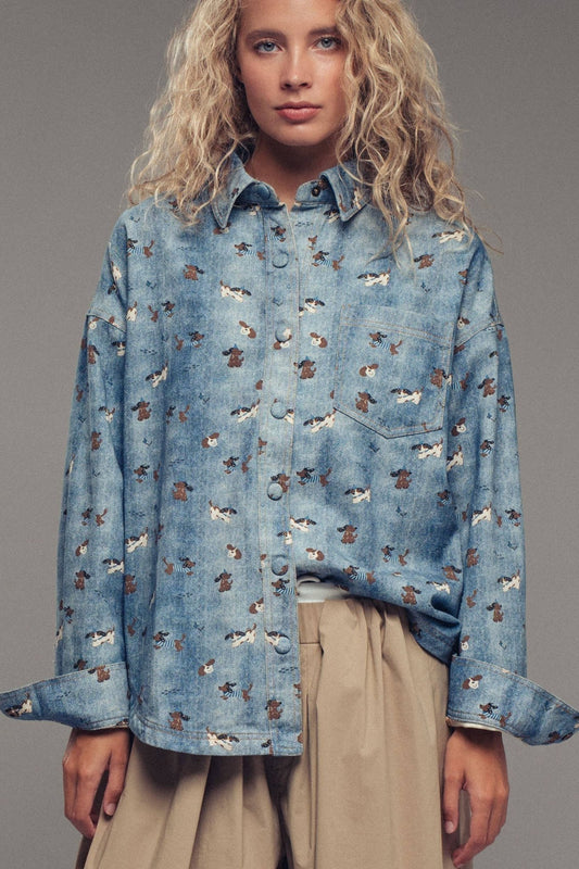 Dog Print Oversized Denim Shirt - Purpose + Passion Boutique