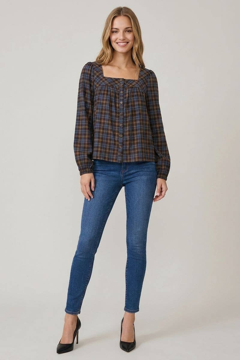 Brown Plaid Button Long Sleeve Blouse