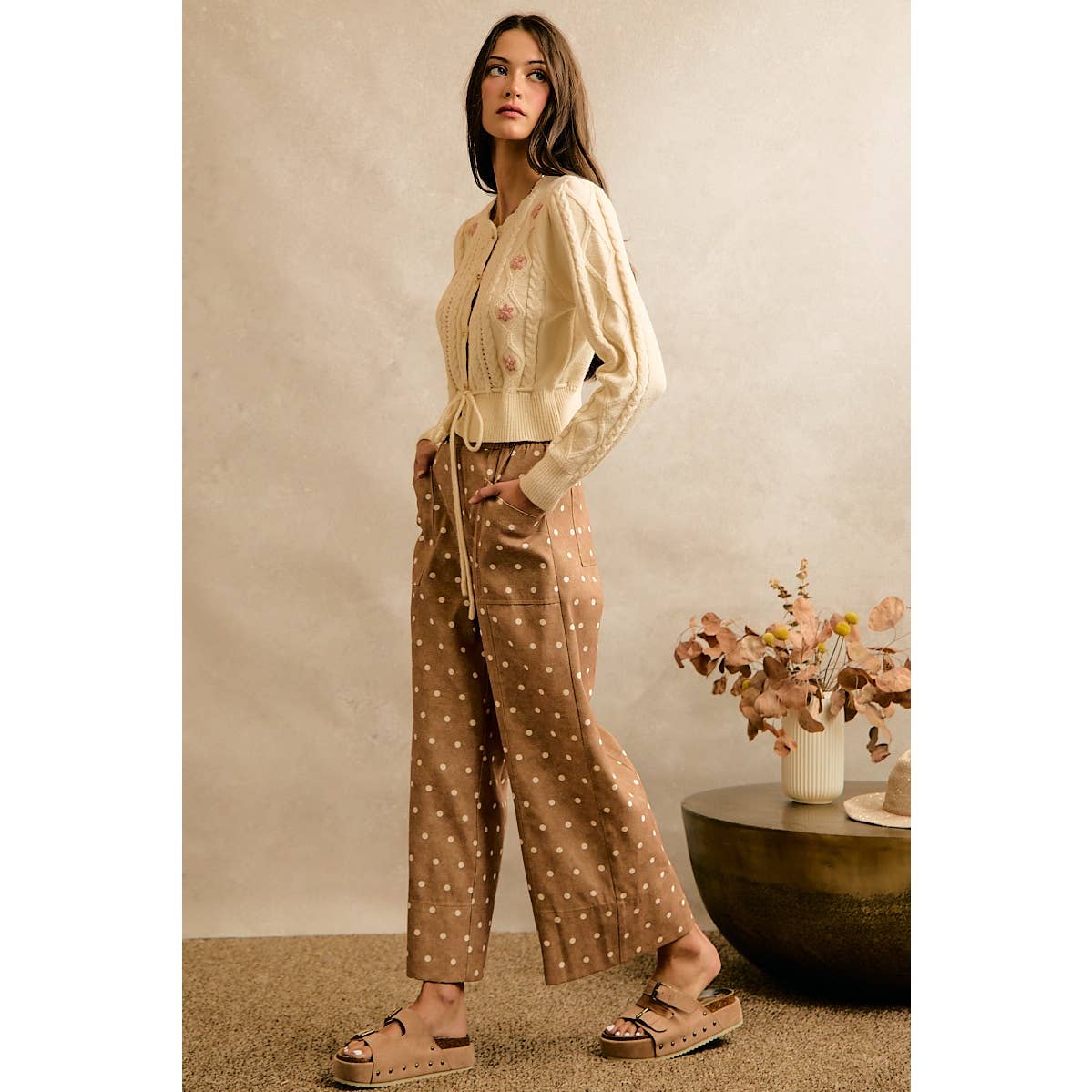 Camel/Ivory Polka Dot Wide Leg Pants