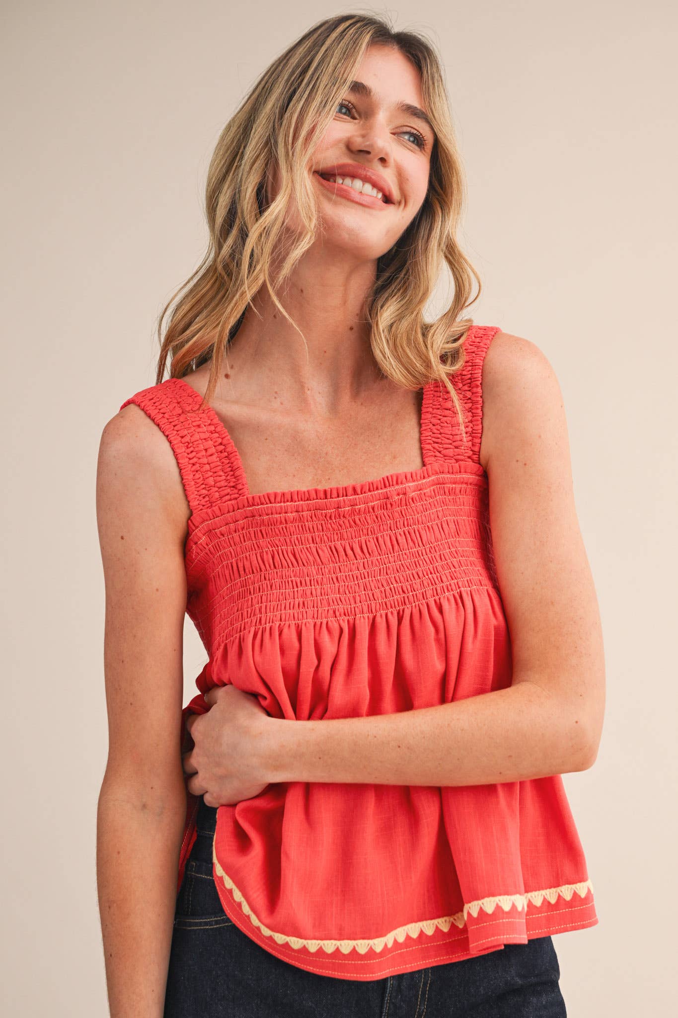 Sleeveless Coral Red Smocked Swing Top