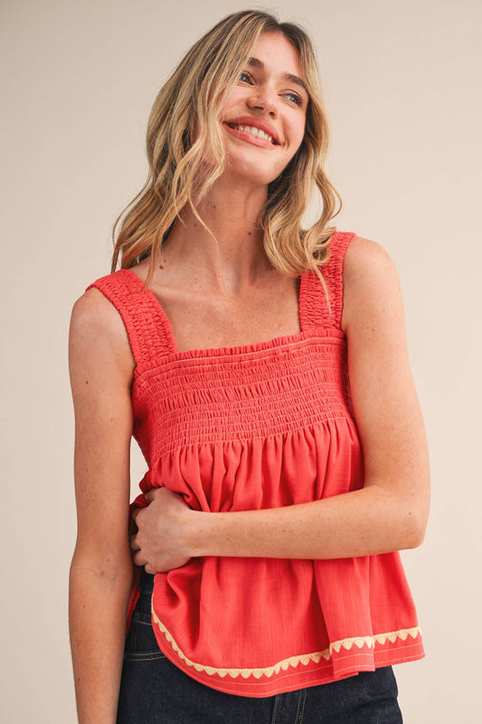 Sleeveless Coral Red Smocked Swing Top