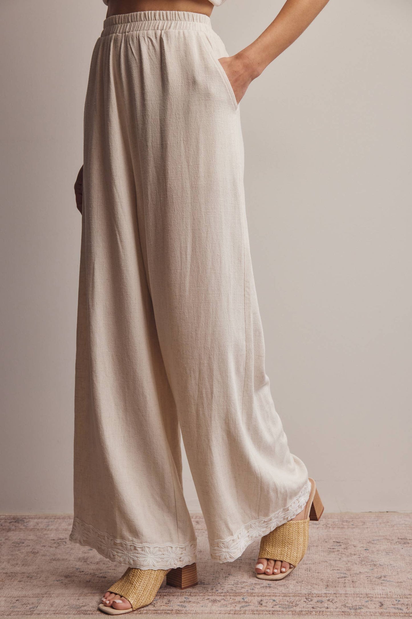 Embroidered Square-Neck Tank & Wide-Leg Pant Set (Oatmeal)