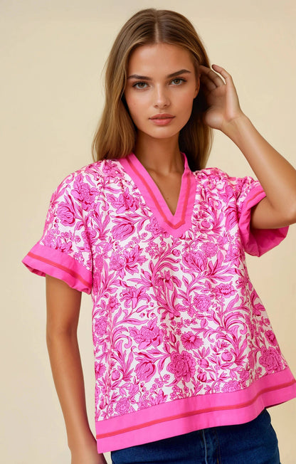 Vibrant Pink Floral Ruffle Tiered Top