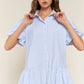 Blue Striped Mini Puff Sleeve Dress
