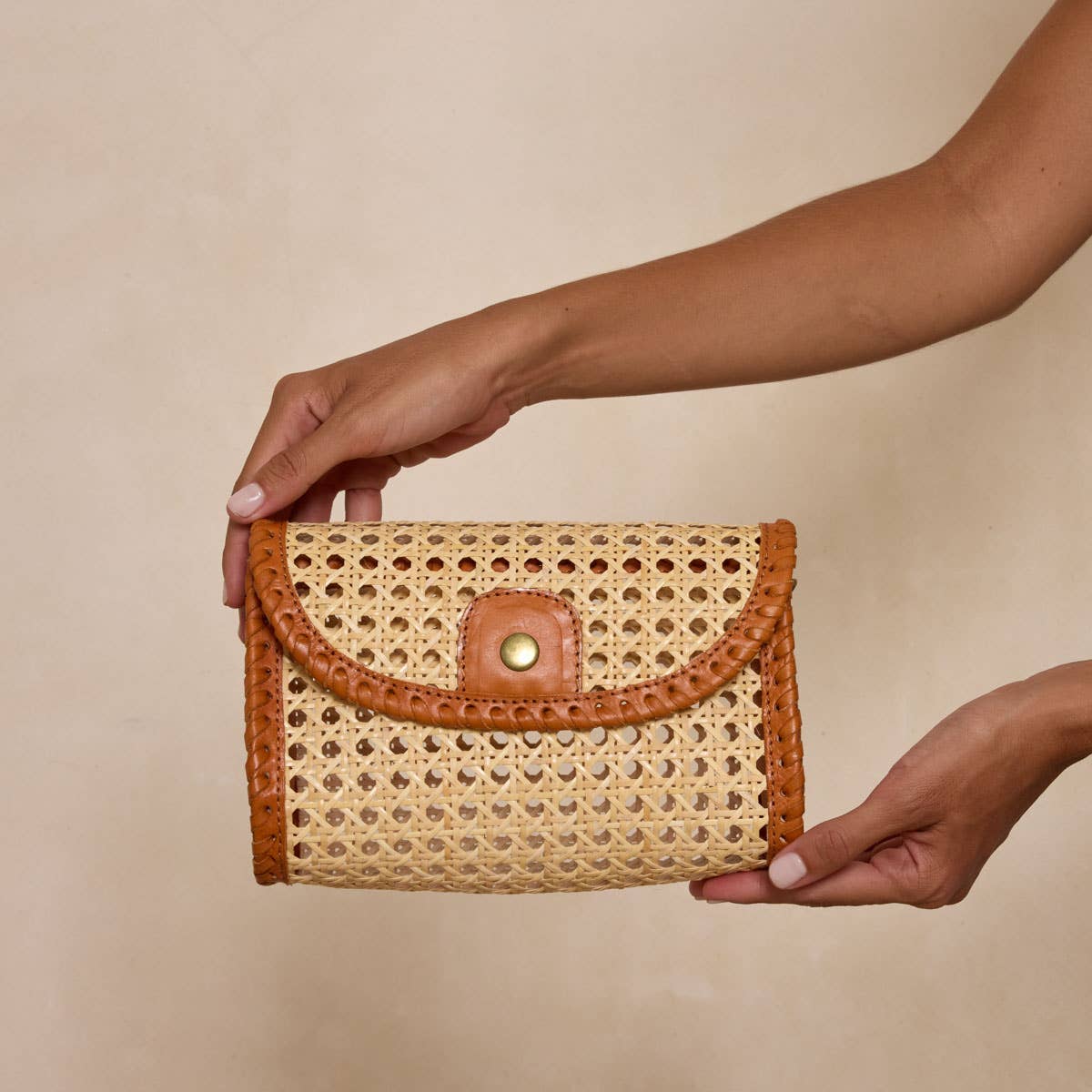 Brown Rattan Clutch with Leather Trim & Crossbody