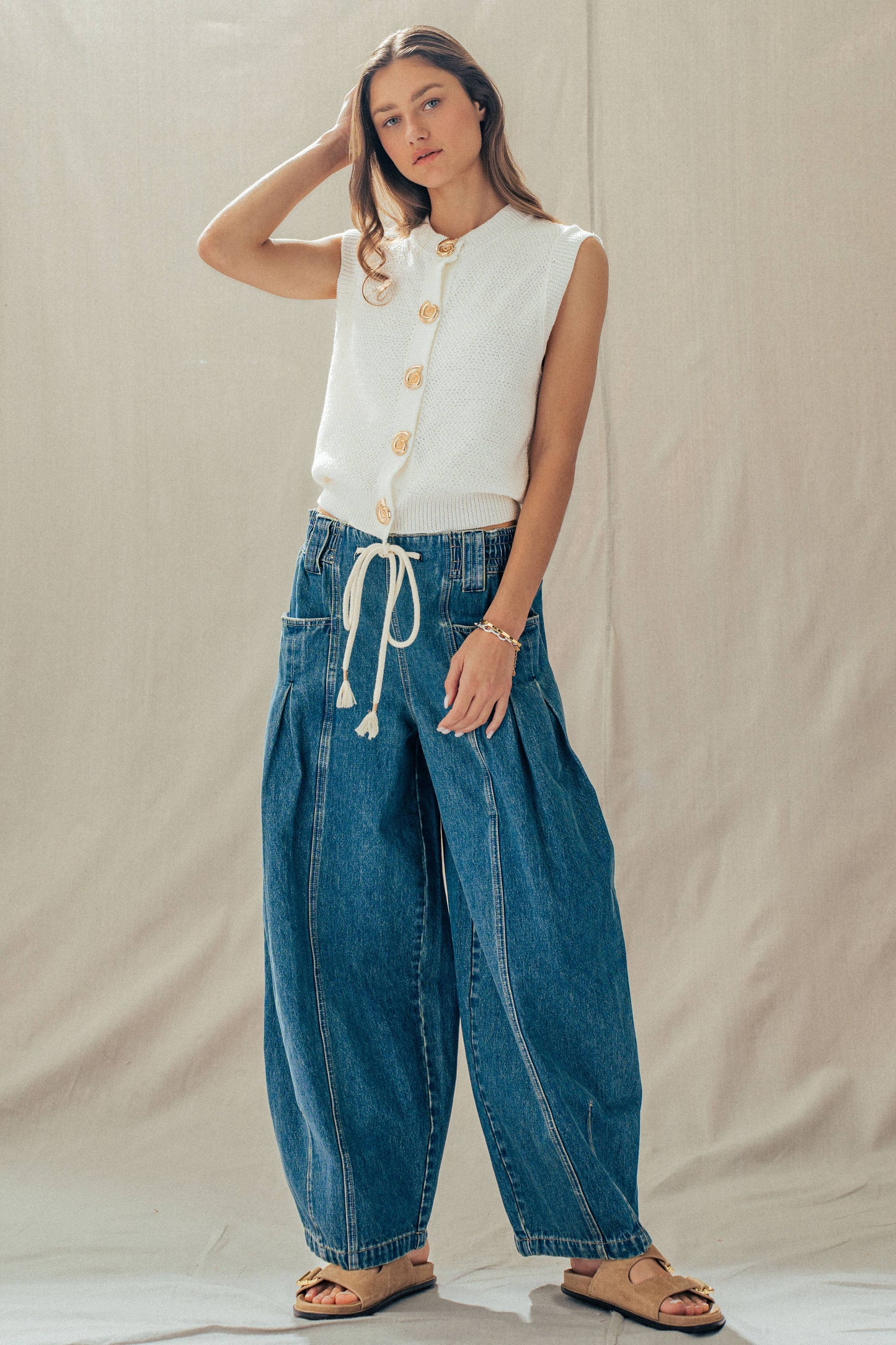 Textured Knit Vest Seashell Buttons