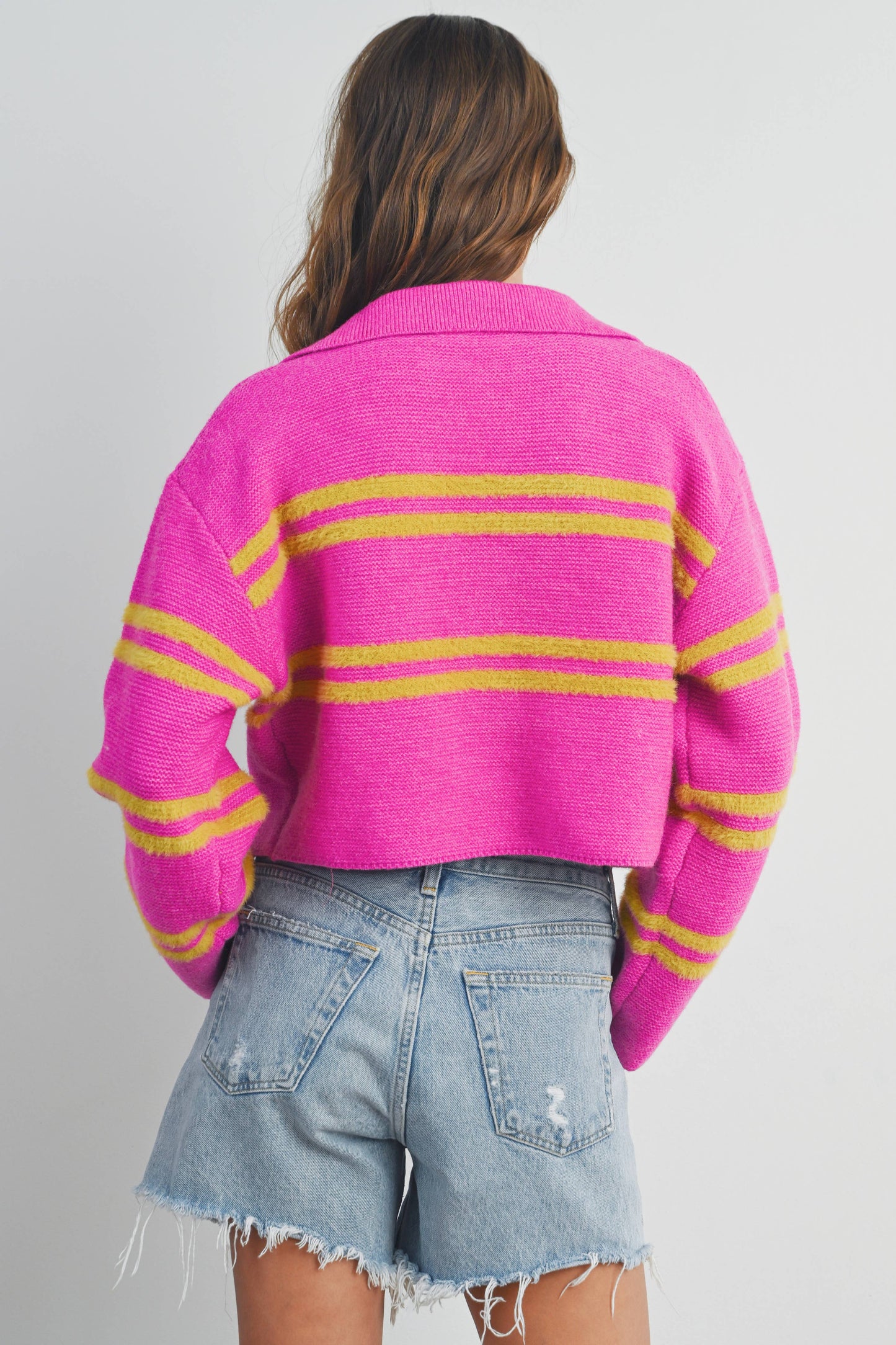Pink + Lime Stripe Crop Collar Sweater Top