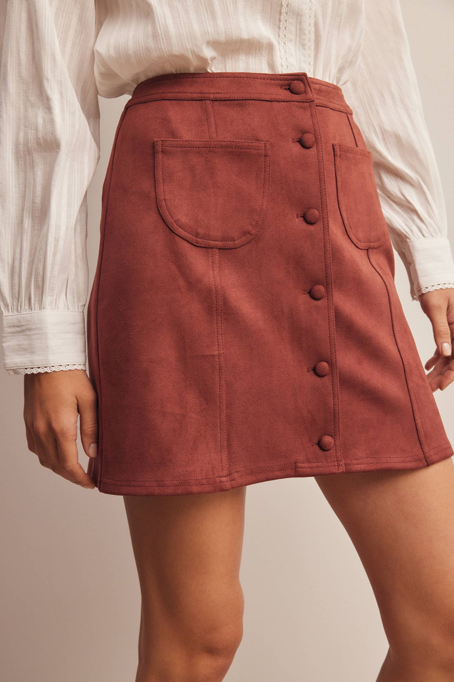 Burgundy Stretch Suede Button Front Mini Skirt