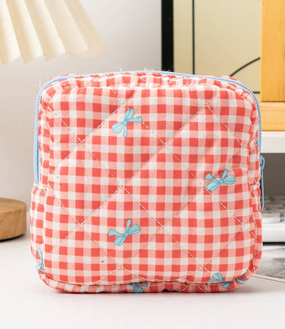 Quilted Bow Pouch Heart Checkered Makeup Bag