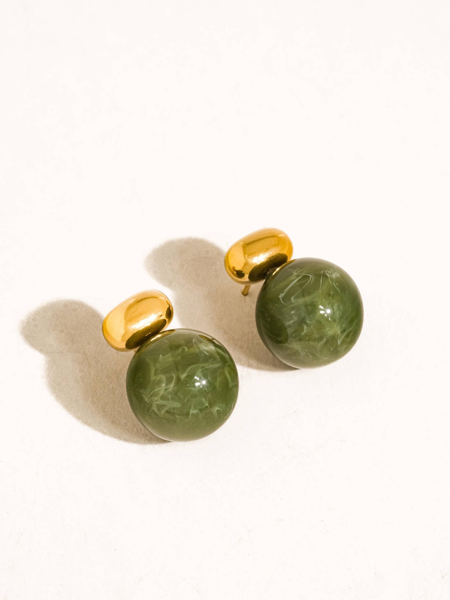 18K Gold Non-Tarnish Green Marble Ball Earrings