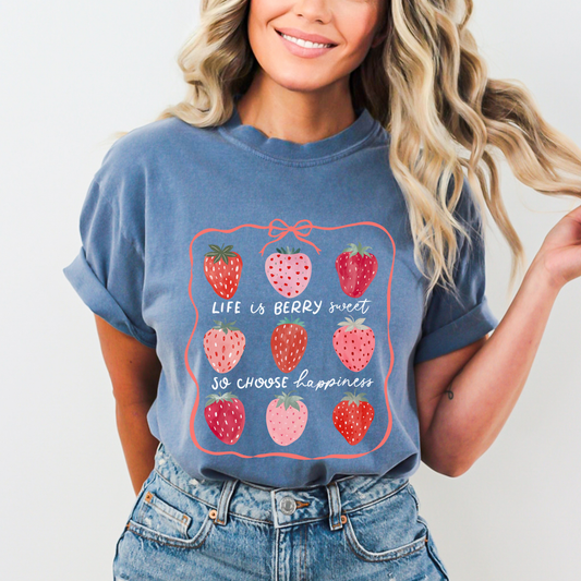 Life Is Berry Sweet Strawberries Blue T-Shirt